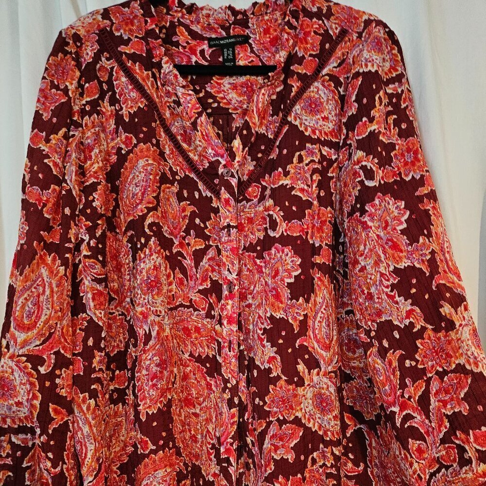Isaac Mizrahi‎ Live Women Size 1X Button down Blouse Paisley with trim.